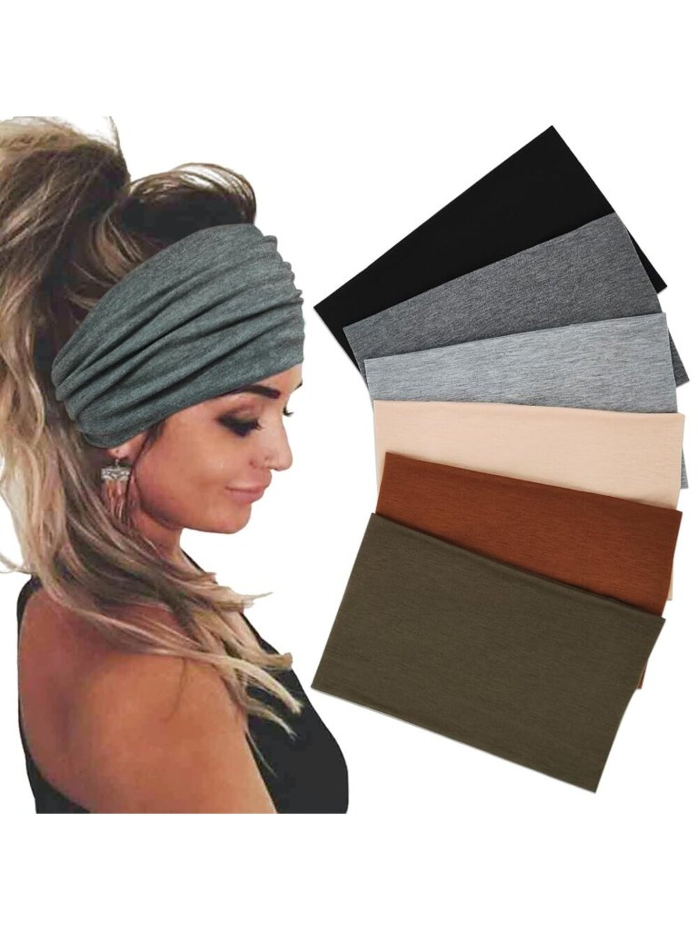 Women's Solid 6 Pack Stretch Headband Turban Workout Hairband Accessories